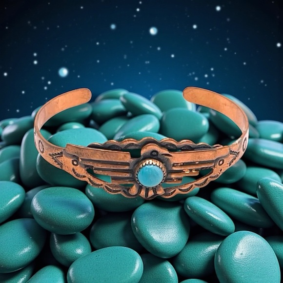 Navajo Jewelry - Genuine Solid Copper and Turquoise Navajo Thunderbird Cuff Bracelet Small Size